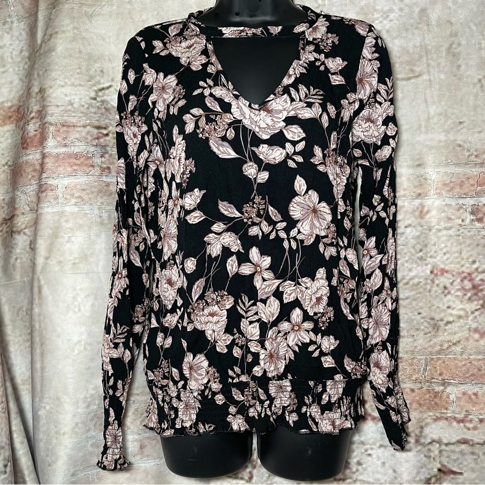Floral Hippie Boho Long Sleeve Popover Keyhole Bust Shirt Blouse M